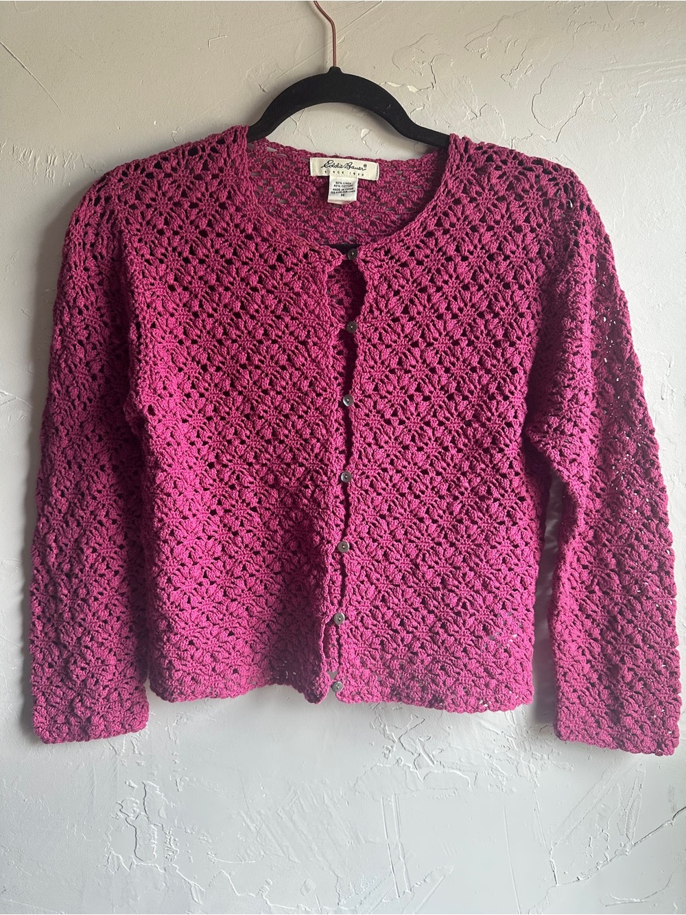 Eddie Bauer Linen Crochet Cardigan Magenta Boho Fairycore Y2K Dopamine Sz M